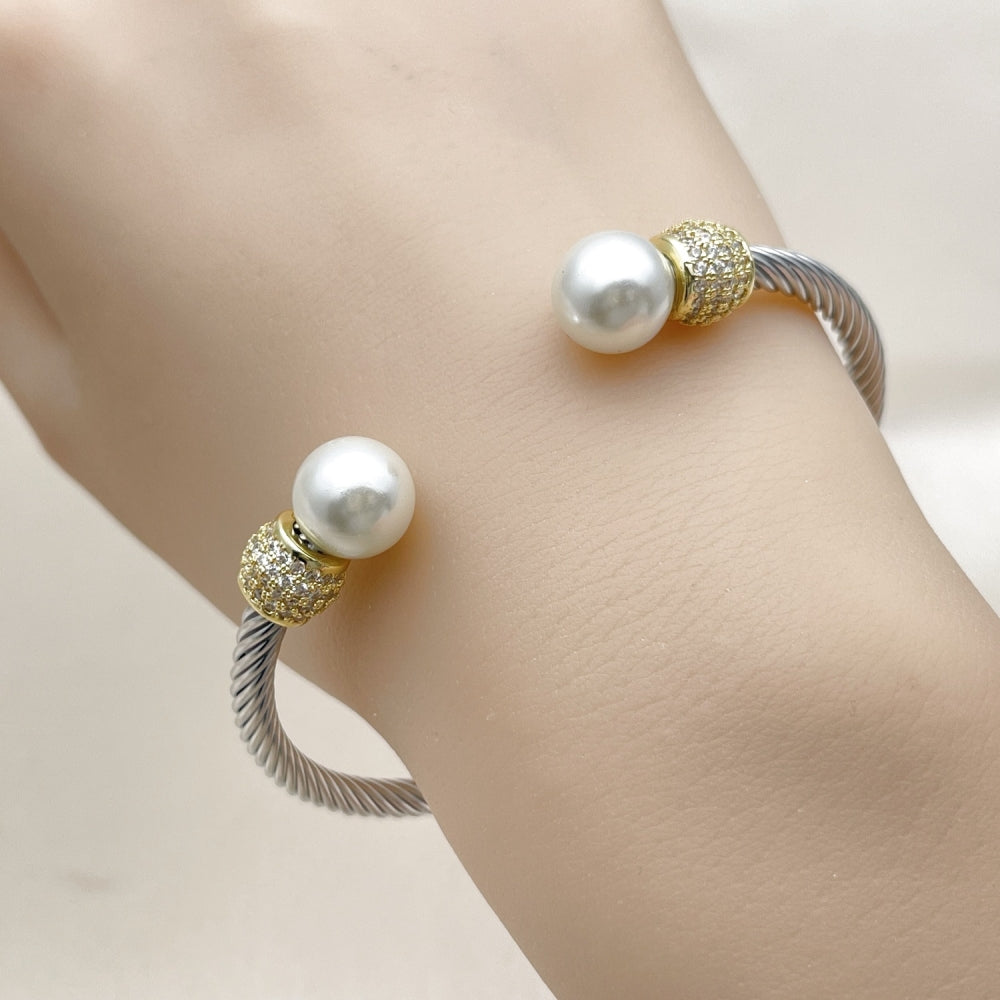 Stainless Steel Individual Bangle, Twist and Ball Design, with Ivory Pearl and White Micro Pave, Polished, Two Tone