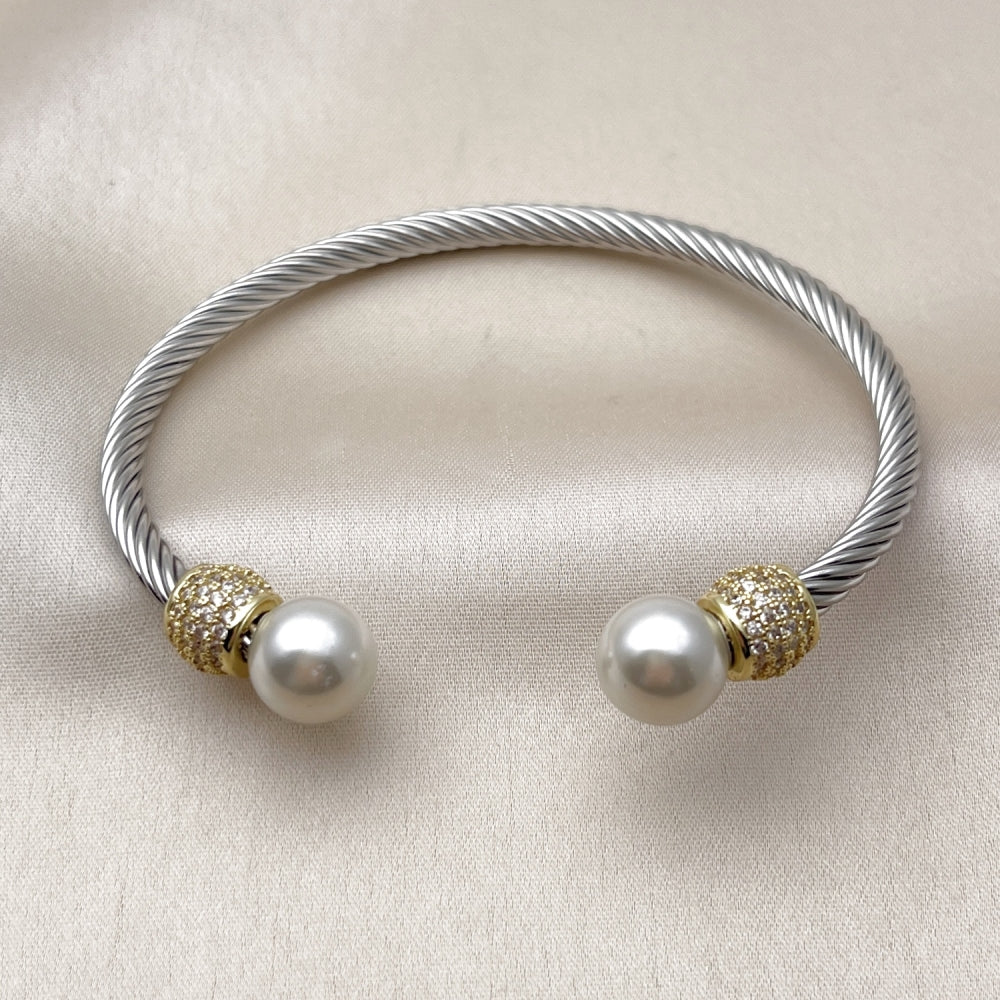 Stainless Steel Individual Bangle, Twist and Ball Design, with Ivory Pearl and White Micro Pave, Polished, Two Tone
