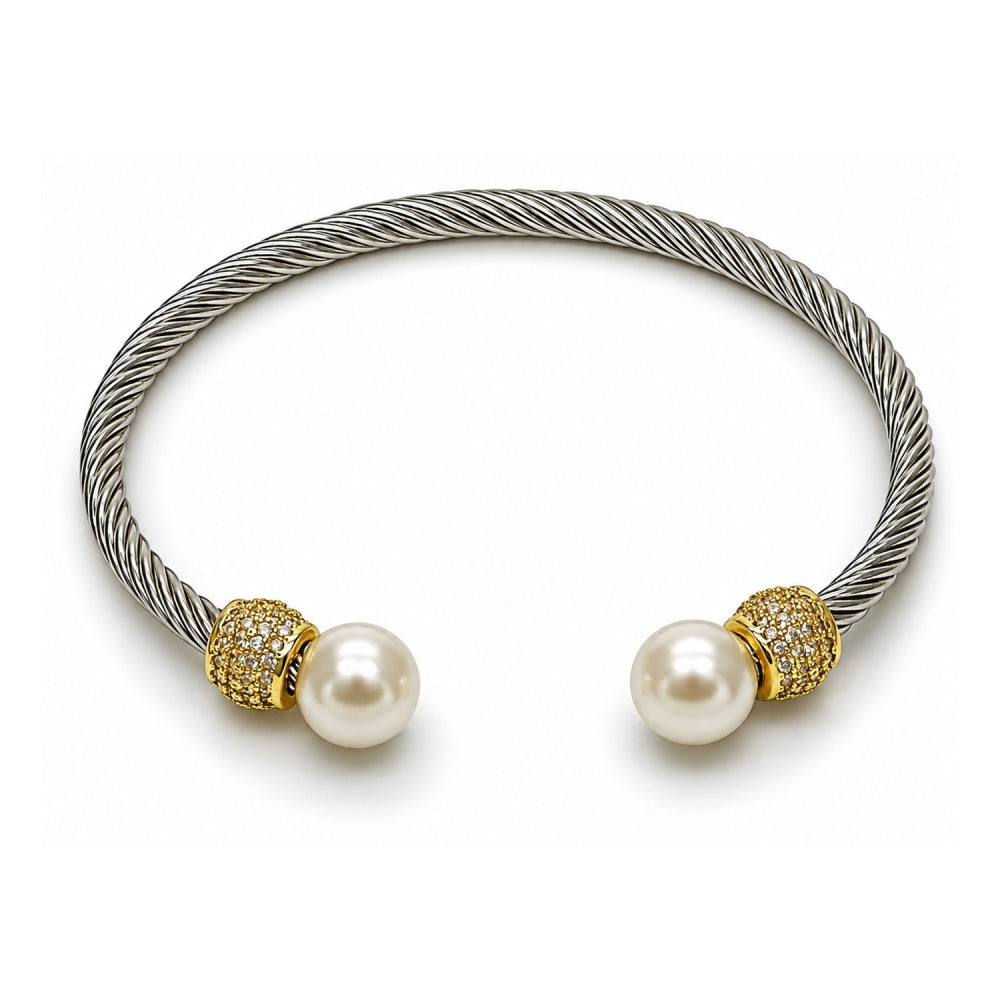 Stainless Steel Individual Bangle, Twist and Ball Design, with Ivory Pearl and White Micro Pave, Polished, Two Tone