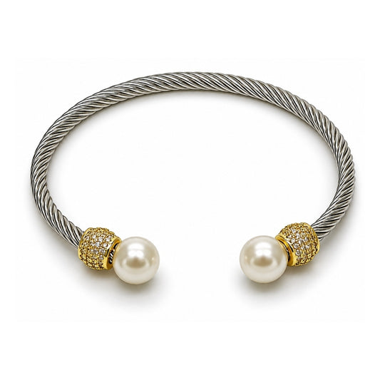 Stainless Steel Individual Bangle, Twist and Ball Design, with Ivory Pearl and White Micro Pave, Polished, Two Tone