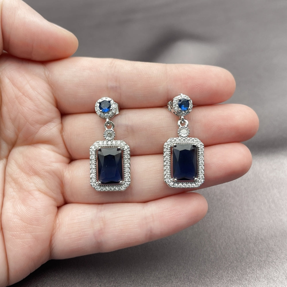 Rhodium Gold Filled Dangle Earring, Cluster Design, with Sapphire Blue and White Cubic Zirconia, Polished, Rhodium Finish