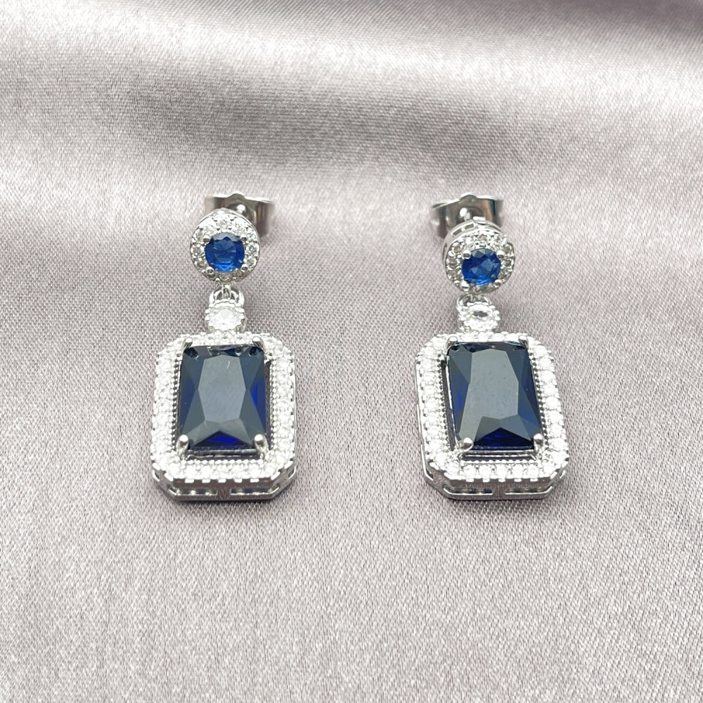 Rhodium Gold Filled Dangle Earring, Cluster Design, with Sapphire Blue and White Cubic Zirconia, Polished, Rhodium Finish