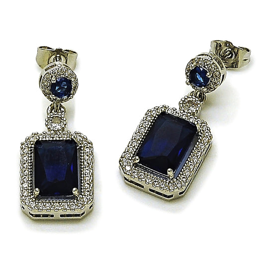 Rhodium Gold Filled Dangle Earring, Cluster Design, with Sapphire Blue and White Cubic Zirconia, Polished, Rhodium Finish