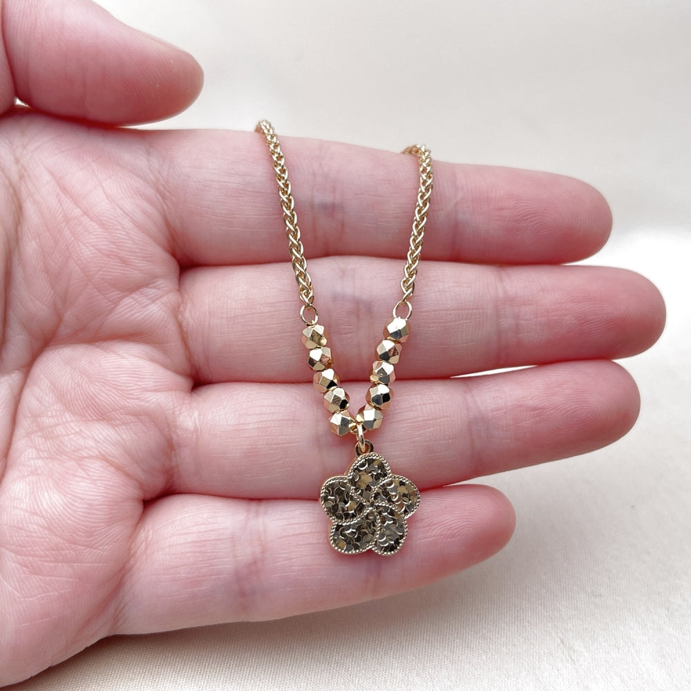 Oro Laminado Fancy Necklace, Gold Filled Style Flower and Disco Design, Diamond Cutting Finish, Golden Finish