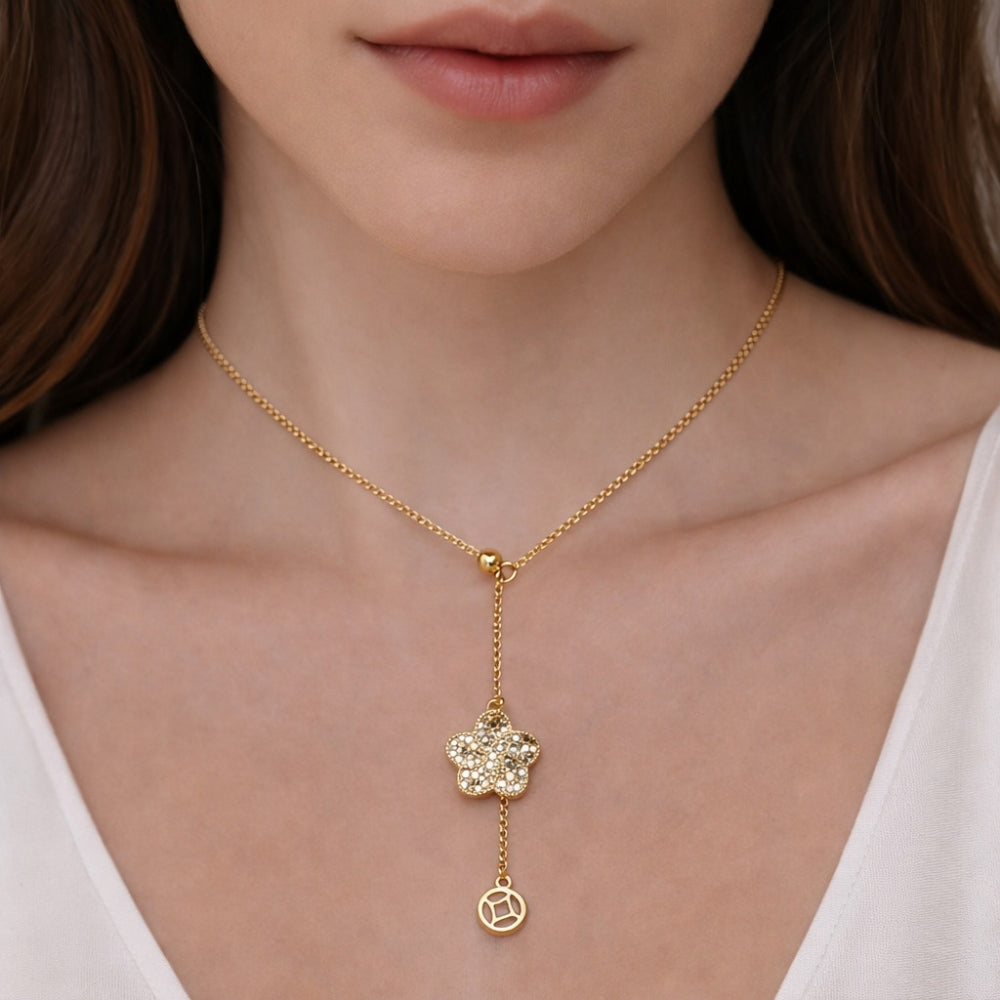 Oro Laminado Fancy Necklace, Gold Filled Style Flower and Ball Design, Diamond Cutting Finish, Golden Finish
