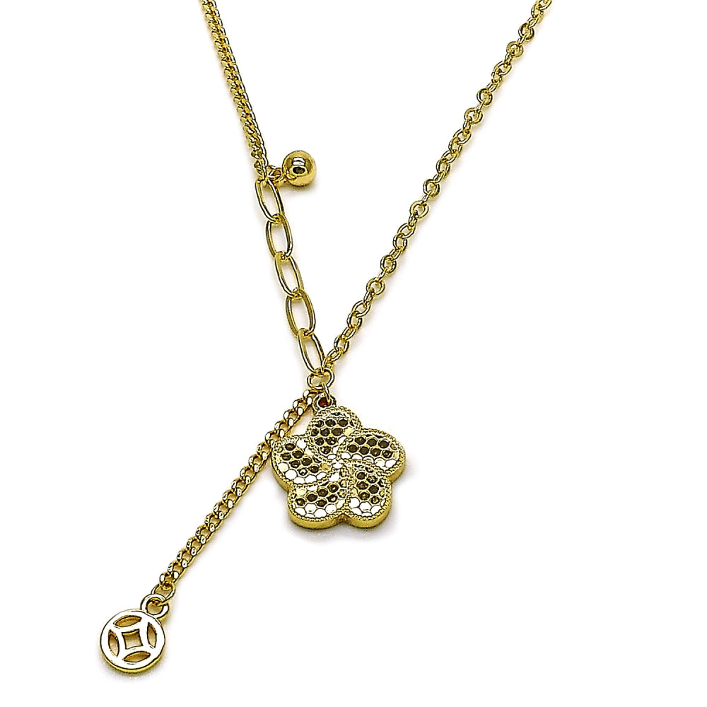 Oro Laminado Fancy Necklace, Gold Filled Style Flower and Ball Design, Diamond Cutting Finish, Golden Finish