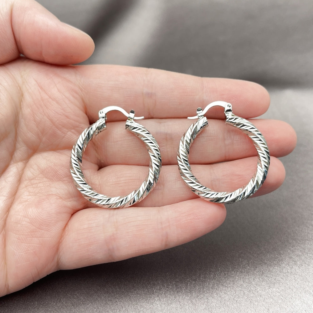 Rhodium Gold Filled Medium Hoop, Twist Design, Diamond Cutting Finish, Rhodium Finish