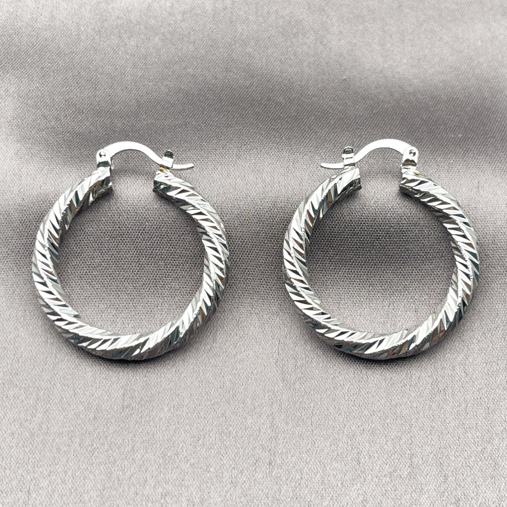 Rhodium Gold Filled Medium Hoop, Twist Design, Diamond Cutting Finish, Rhodium Finish