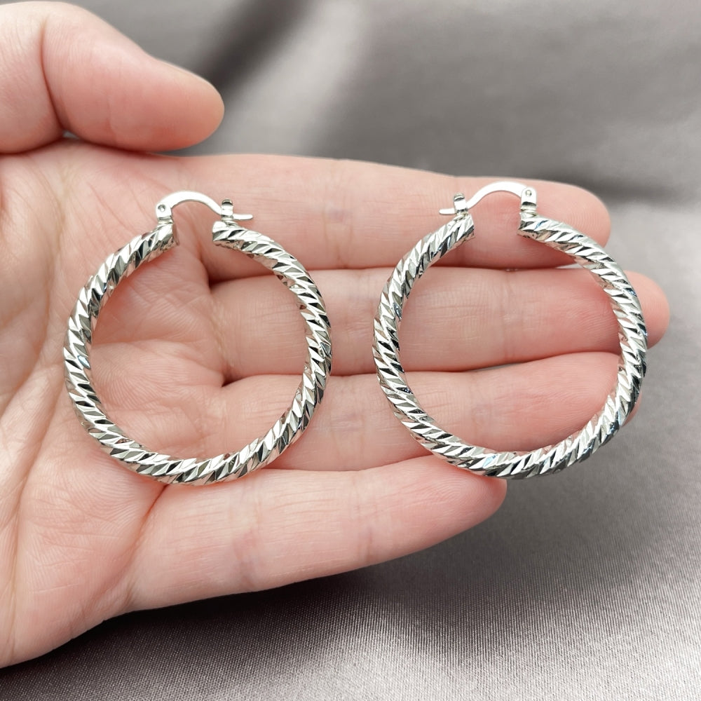 Rhodium Gold Filled Medium Hoop, Twist Design, Diamond Cutting Finish, Rhodium Finish