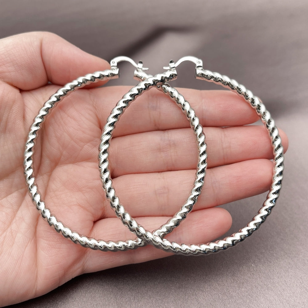 Rhodium Gold Filled Extra Large Hoop, Twist Design, Polished, Rhodium Finish