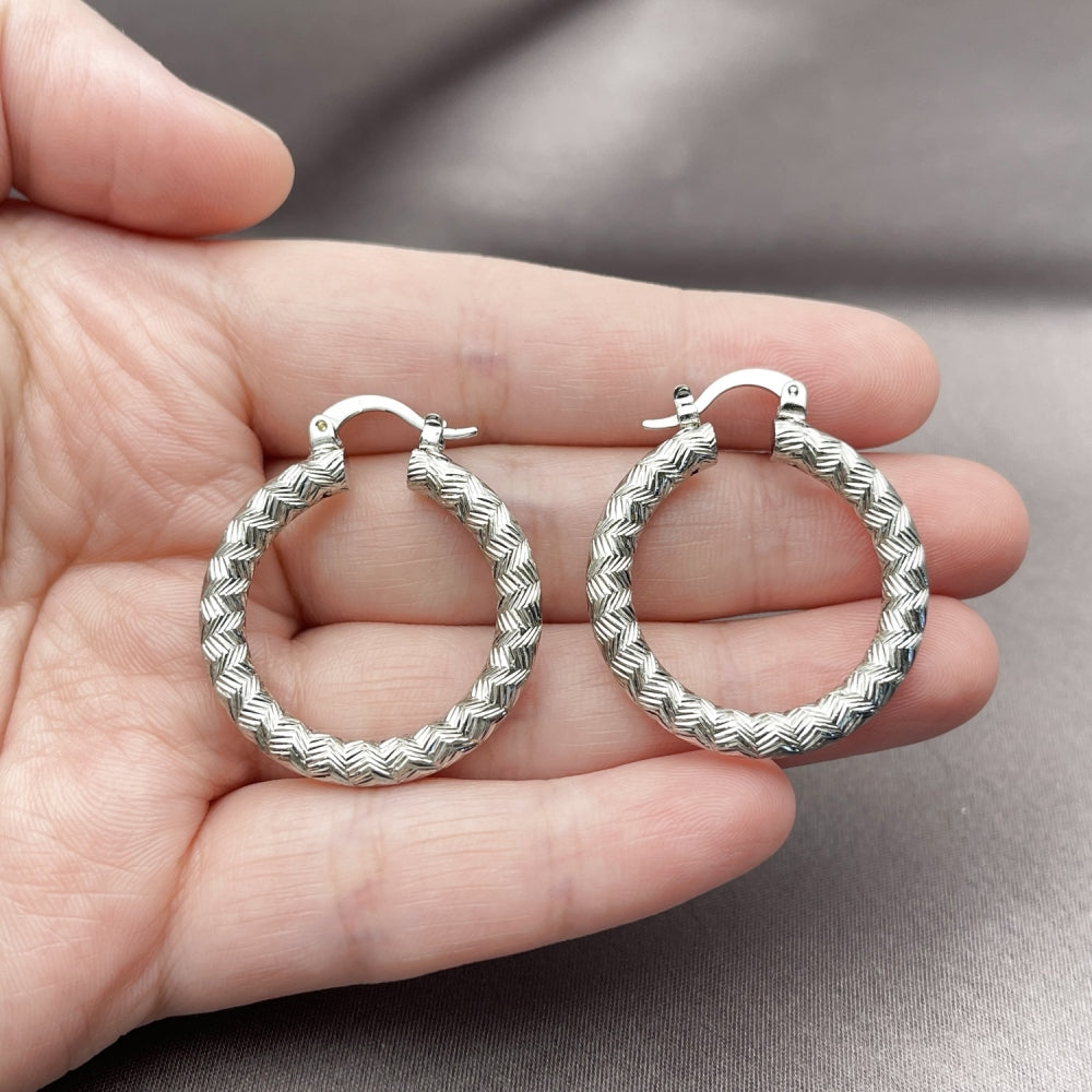 Rhodium Gold Filled Medium Hoop, Diamond Cutting Finish, Rhodium Finish