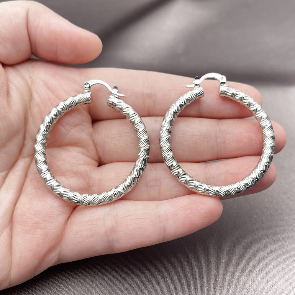 Rhodium Gold Filled Medium Hoop, Diamond Cutting Finish, Rhodium Finish