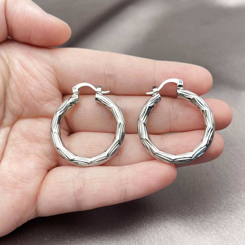 Rhodium Gold Filled Medium Hoop, Diamond Cutting Finish, Rhodium Finish