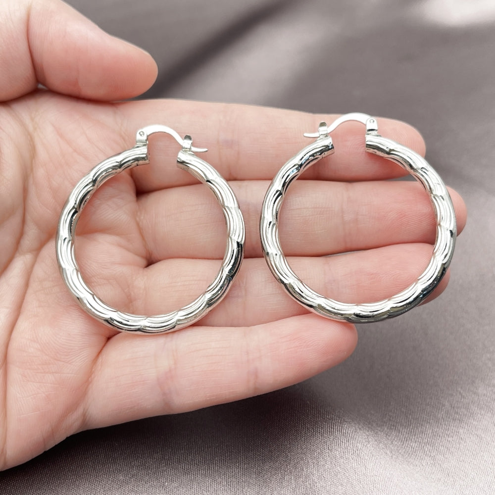 Rhodium Gold Filled Medium Hoop, Diamond Cutting Finish, Rhodium Finish