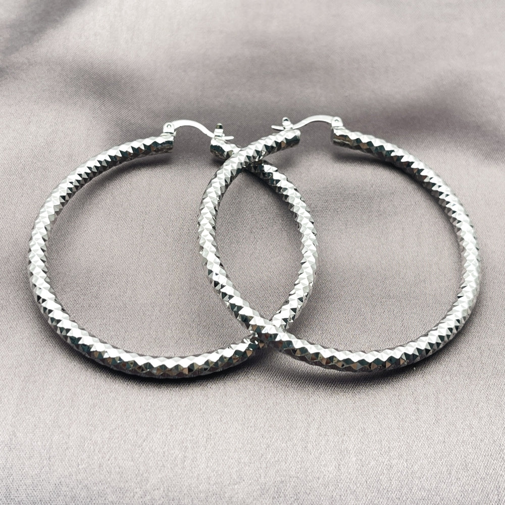 Rhodium Gold Filled Large Hoop, Diamond Cutting Finish, Rhodium Finish