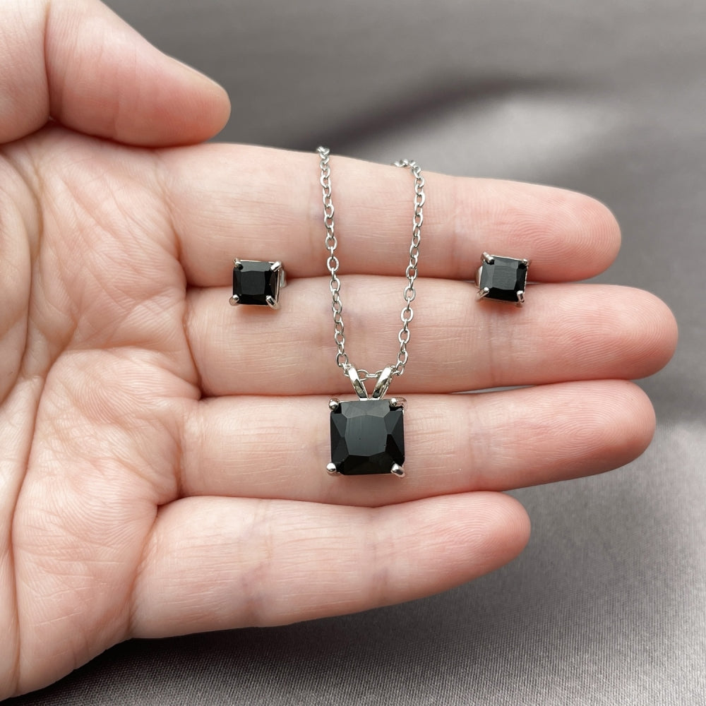 Rhodium Gold Filled Earring and Pendant Adult Set, Rolo Design, with Black Cubic Zirconia, Polished, Rhodium Finish
