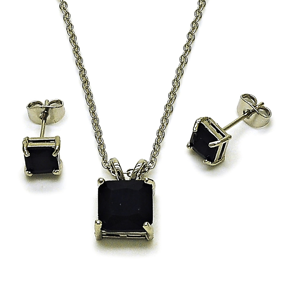 Rhodium Gold Filled Earring and Pendant Adult Set, Rolo Design, with Black Cubic Zirconia, Polished, Rhodium Finish