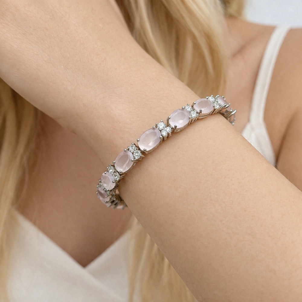 Rhodium Gold Filled Tennis Bracelet, Cluster Design, with Rose Water Opal and White Cubic Zirconia, Polished, Rhodium Finish