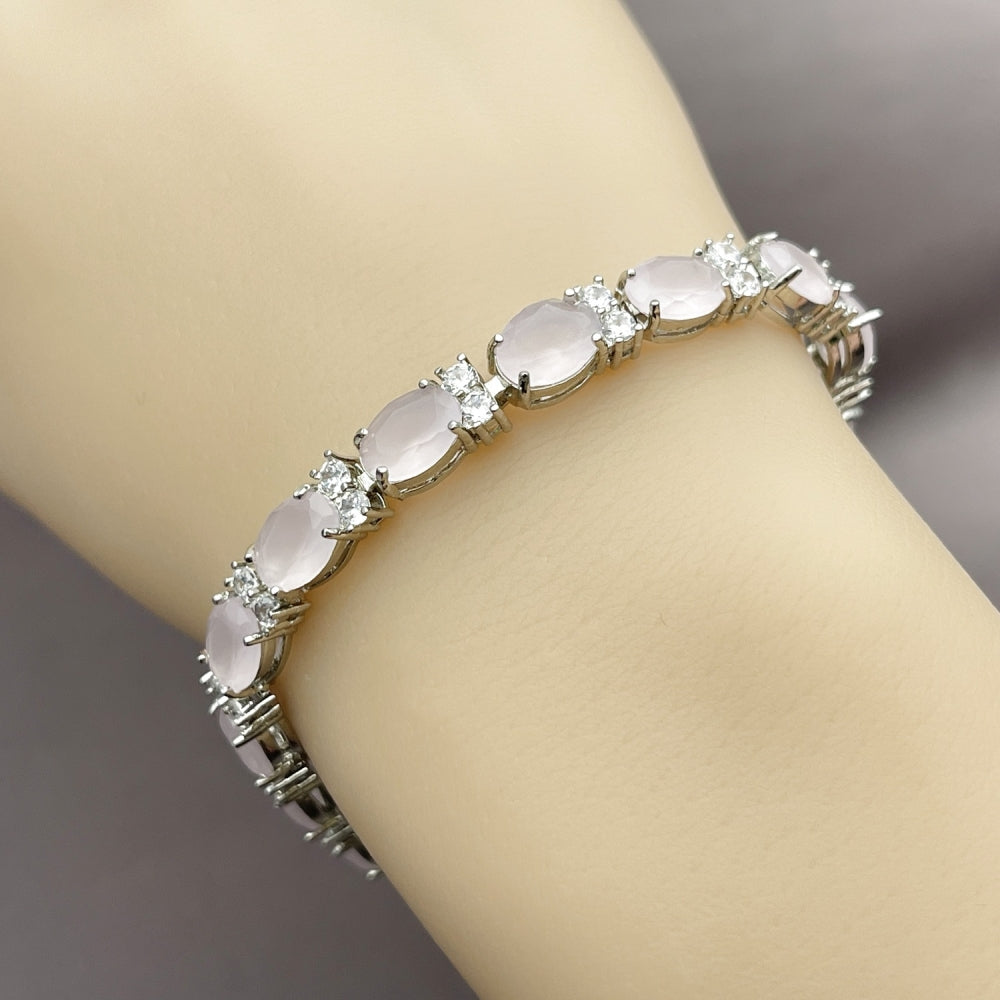 Rhodium Gold Filled Tennis Bracelet, Cluster Design, with Rose Water Opal and White Cubic Zirconia, Polished, Rhodium Finish
