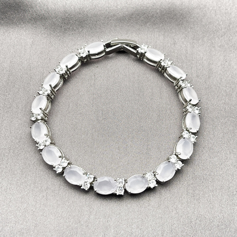 Rhodium Gold Filled Tennis Bracelet, Cluster Design, with Rose Water Opal and White Cubic Zirconia, Polished, Rhodium Finish