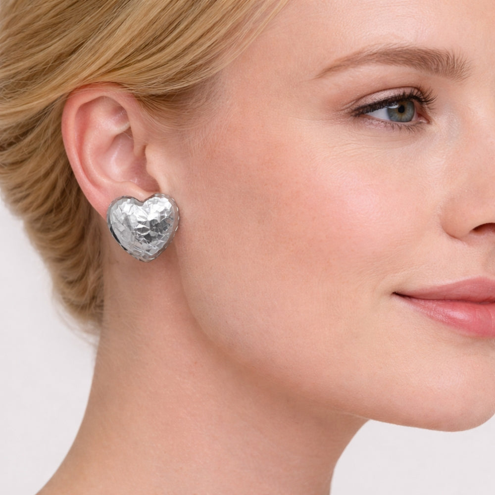 Rhodium Gold Filled Stud Earring, Heart Design, Diamond Cutting Finish, Rhodium Finish