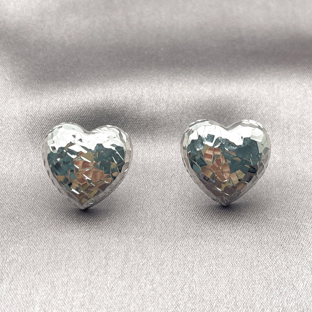 Rhodium Gold Filled Stud Earring, Heart Design, Diamond Cutting Finish, Rhodium Finish