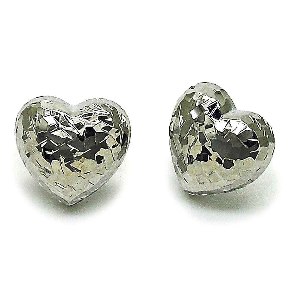 Rhodium Gold Filled Stud Earring, Heart Design, Diamond Cutting Finish, Rhodium Finish