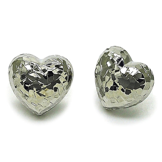 Rhodium Gold Filled Stud Earring, Heart Design, Diamond Cutting Finish, Rhodium Finish