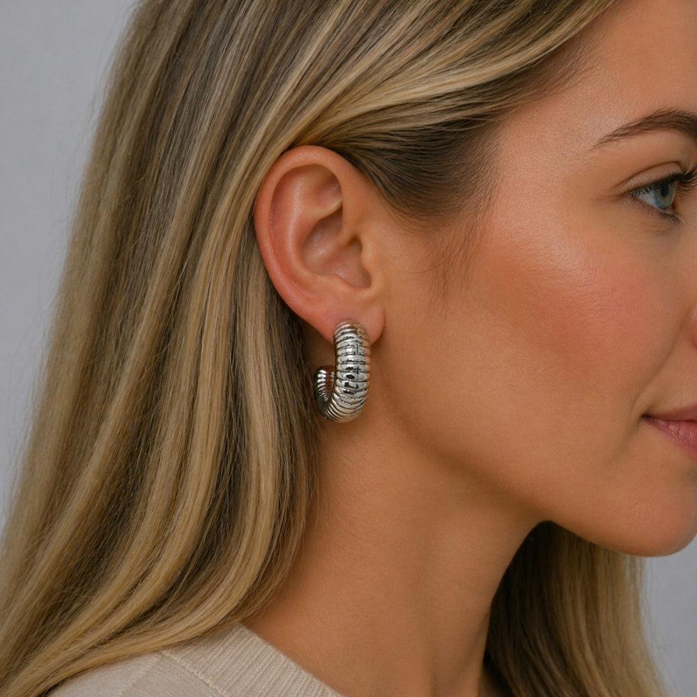 Rhodium Gold Filled Stud Earring, Hollow Design, Diamond Cutting Finish, Rhodium Finish