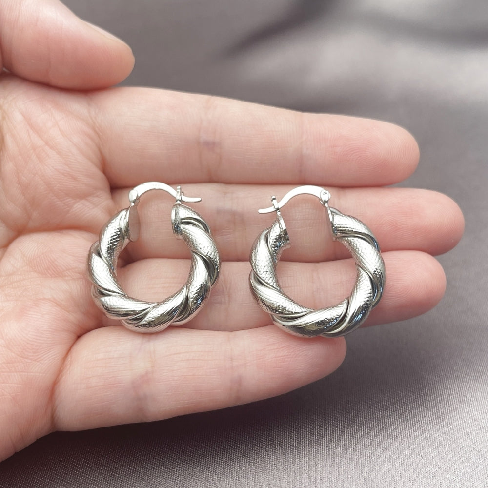 Rhodium Gold Filled Medium Hoop, Twist and Hollow Design, Matte Finish, Rhodium Finish