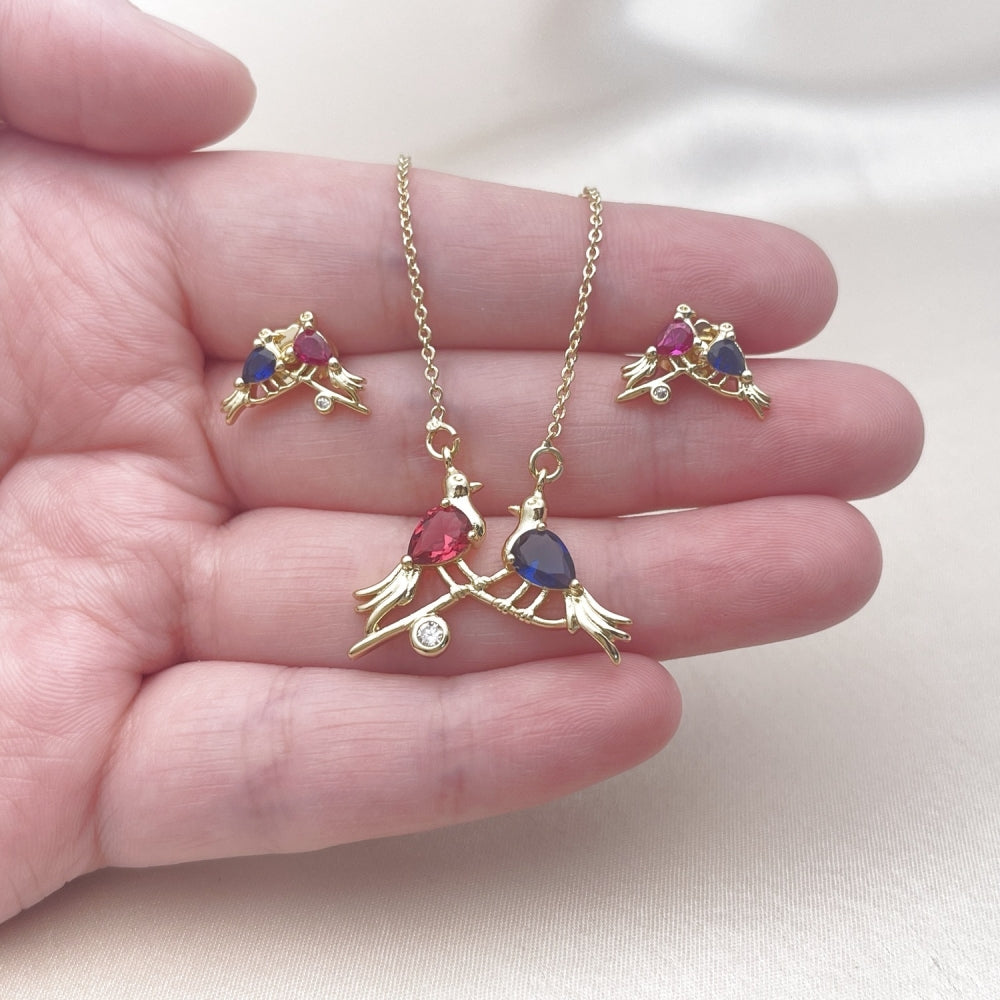 Oro Laminado Earring and Pendant Adult Set, Gold Filled Style Bird and Rolo Design, with Ruby and Sapphire Blue Cubic Zirconia, Polished, Golden Finish