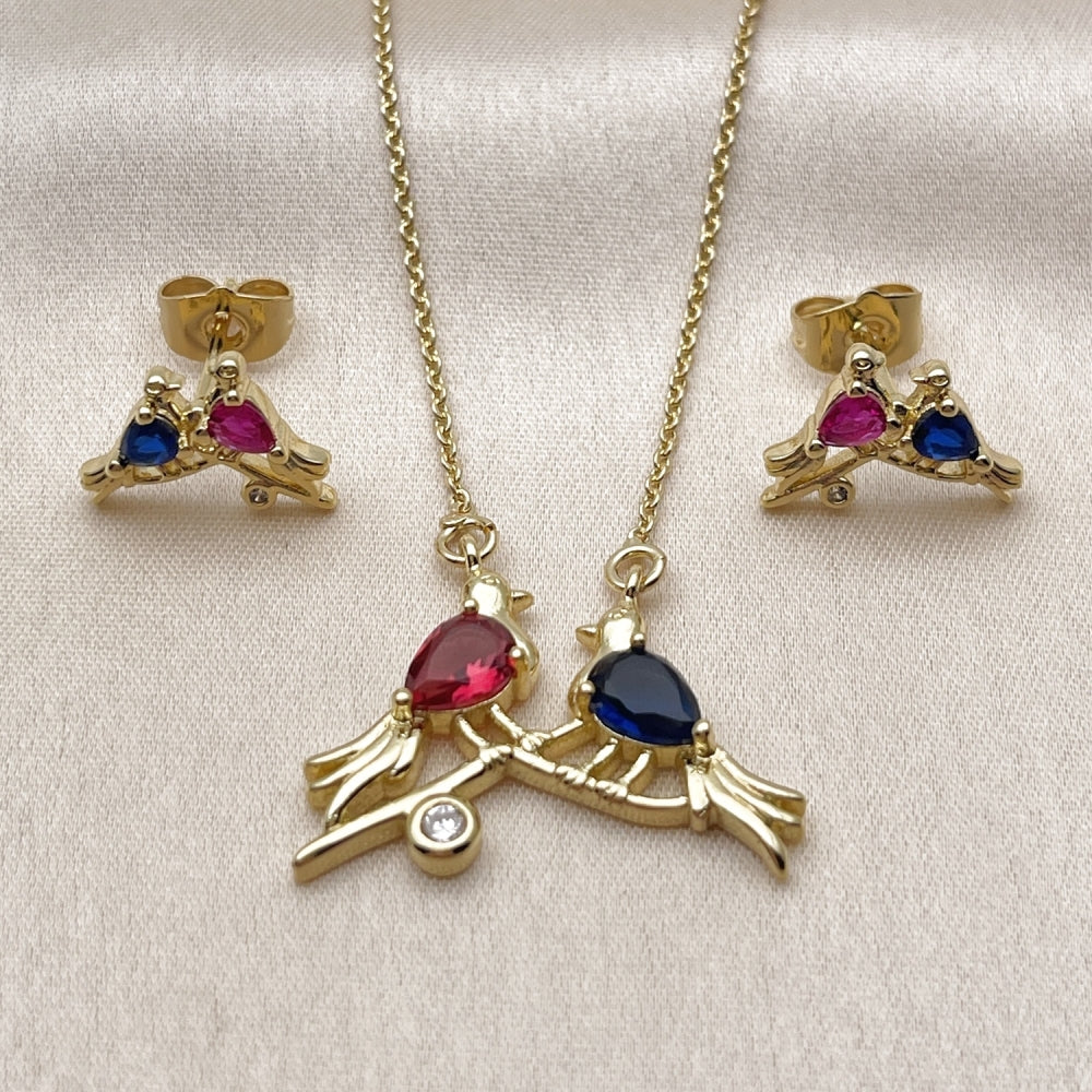 Oro Laminado Earring and Pendant Adult Set, Gold Filled Style Bird and Rolo Design, with Ruby and Sapphire Blue Cubic Zirconia, Polished, Golden Finish