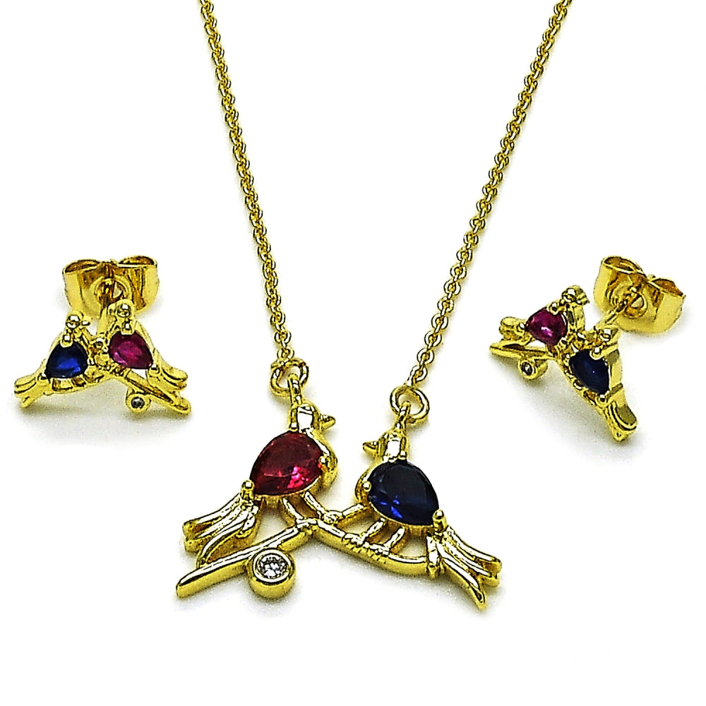 Oro Laminado Earring and Pendant Adult Set, Gold Filled Style Bird and Rolo Design, with Ruby and Sapphire Blue Cubic Zirconia, Polished, Golden Finish