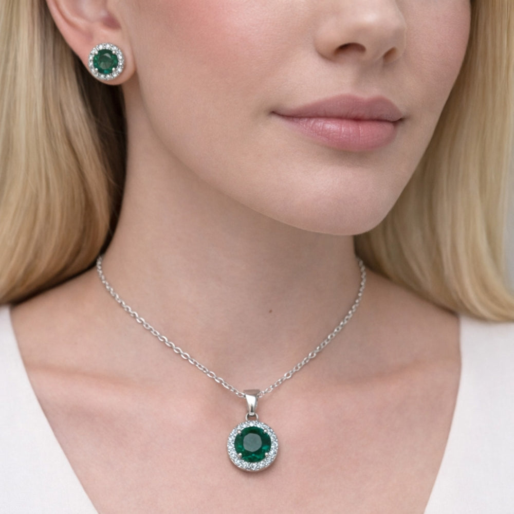 Rhodium Gold Filled Earring and Pendant Adult Set, Cluster and Rolo Design, with Green and White Cubic Zirconia, Polished, Rhodium Finish