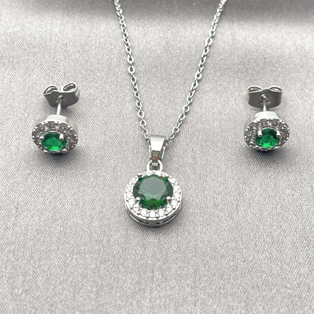 Rhodium Gold Filled Earring and Pendant Adult Set, Cluster and Rolo Design, with Green and White Cubic Zirconia, Polished, Rhodium Finish