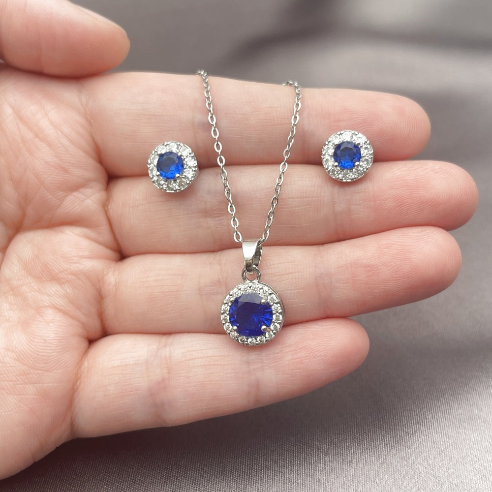 Rhodium Gold Filled Earring and Pendant Adult Set, Cluster and Rolo Design, with Sapphire Blue and White Cubic Zirconia, Polished, Rhodium Finish