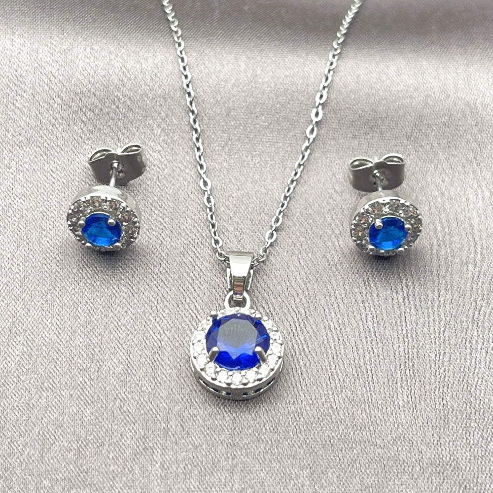 Rhodium Gold Filled Earring and Pendant Adult Set, Cluster and Rolo Design, with Sapphire Blue and White Cubic Zirconia, Polished, Rhodium Finish