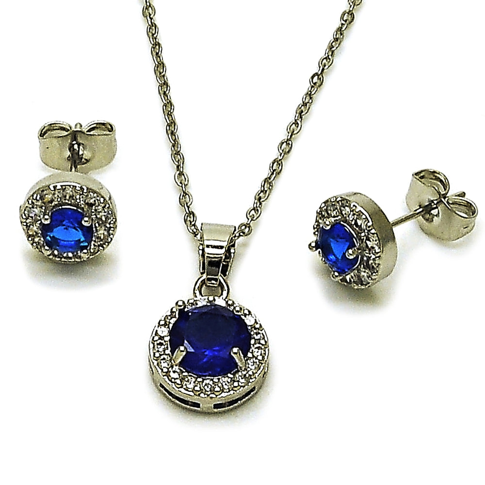 Rhodium Gold Filled Earring and Pendant Adult Set, Cluster and Rolo Design, with Sapphire Blue and White Cubic Zirconia, Polished, Rhodium Finish