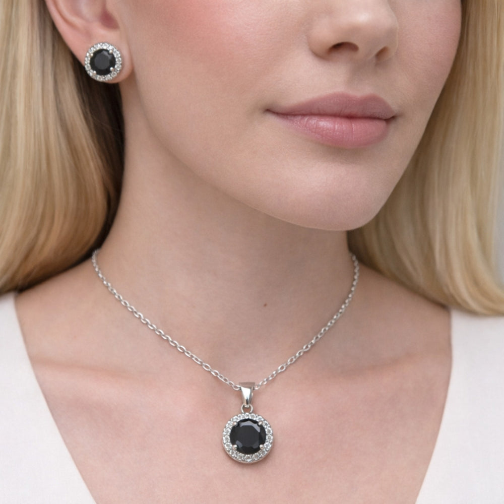 Rhodium Gold Filled Earring and Pendant Adult Set, Cluster and Rolo Design, with Black and White Cubic Zirconia, Polished, Rhodium Finish