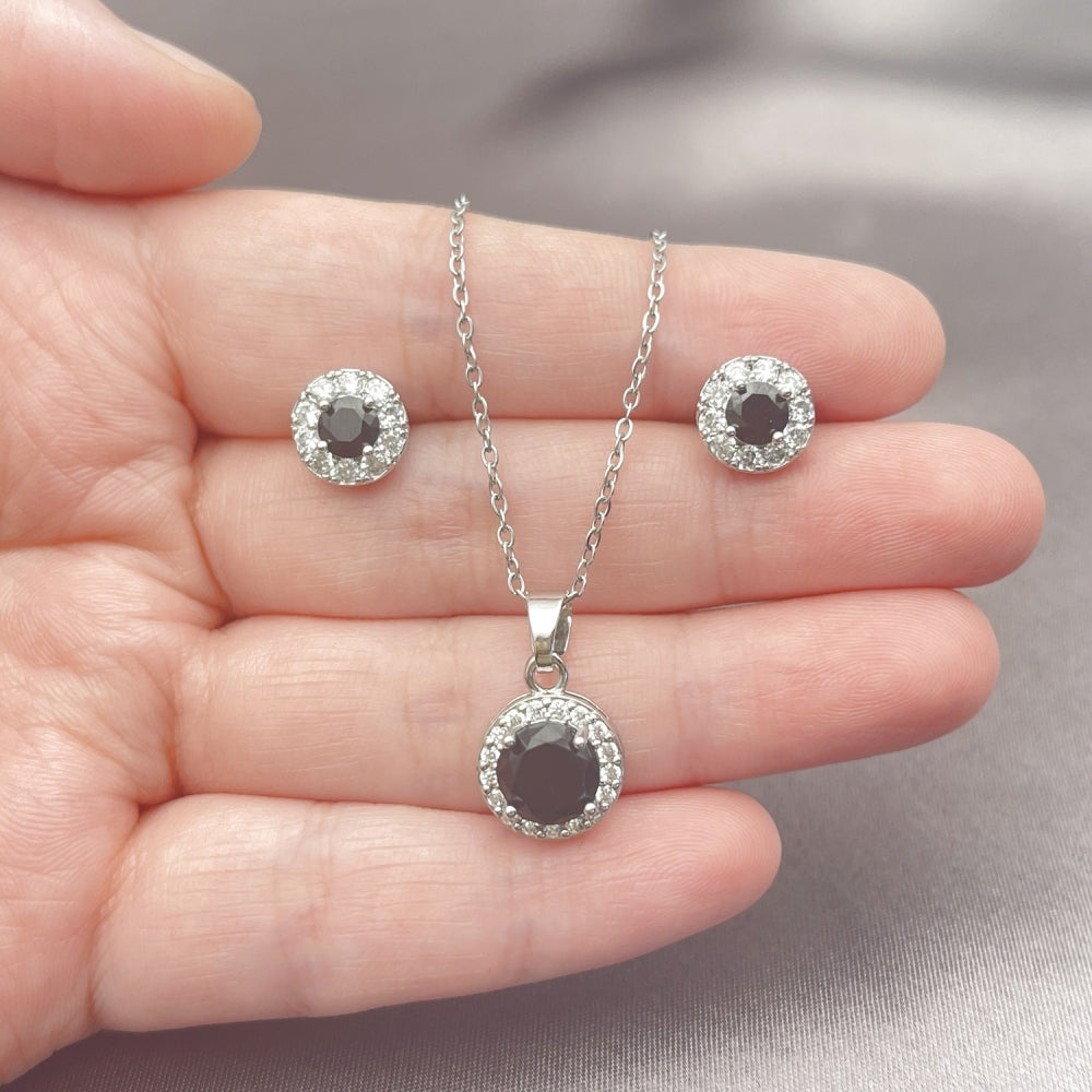 Rhodium Gold Filled Earring and Pendant Adult Set, Cluster and Rolo Design, with Black and White Cubic Zirconia, Polished, Rhodium Finish