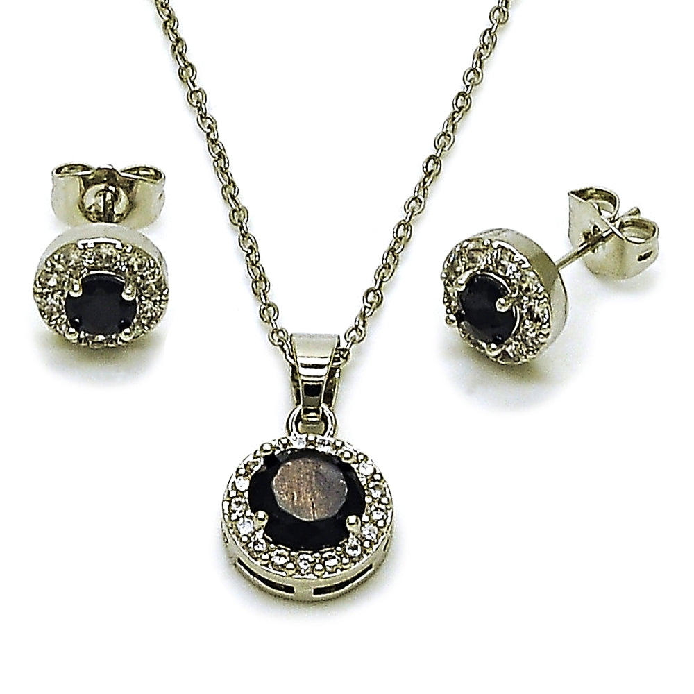 Rhodium Gold Filled Earring and Pendant Adult Set, Cluster and Rolo Design, with Black and White Cubic Zirconia, Polished, Rhodium Finish