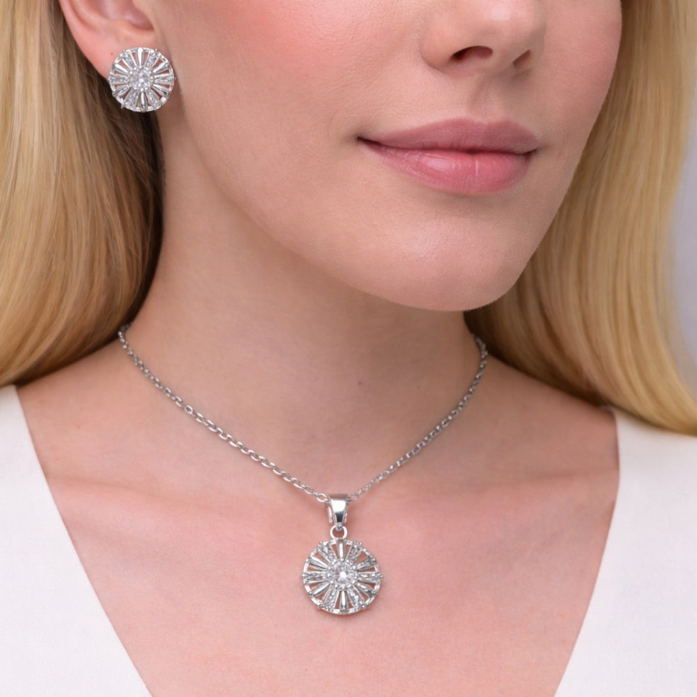 Rhodium Gold Filled Earring and Pendant Adult Set, Flower and Baguette Design, with White Cubic Zirconia, Polished, Rhodium Finish