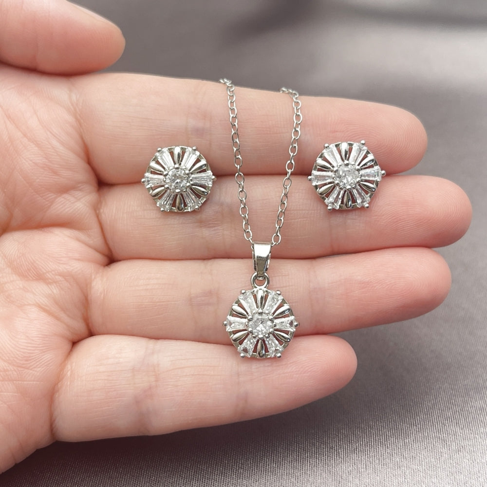 Rhodium Gold Filled Earring and Pendant Adult Set, Flower and Baguette Design, with White Cubic Zirconia, Polished, Rhodium Finish