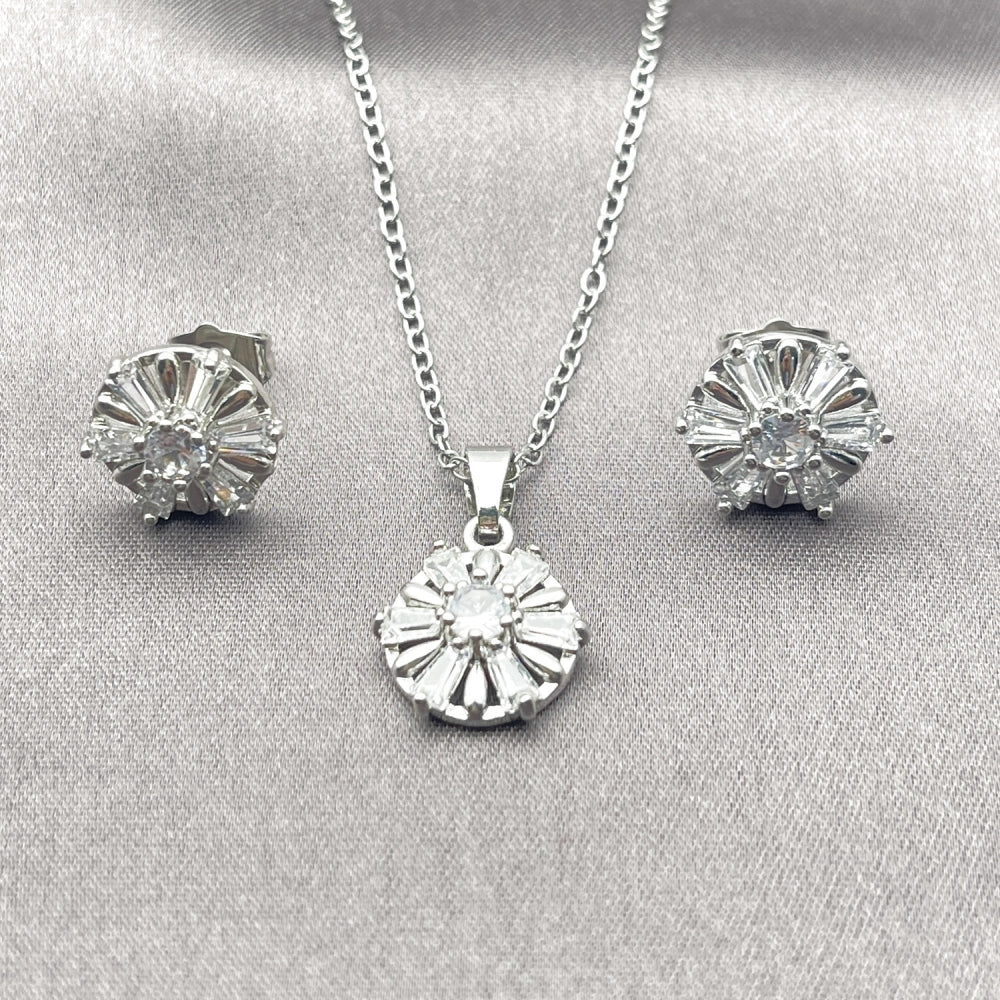 Rhodium Gold Filled Earring and Pendant Adult Set, Flower and Baguette Design, with White Cubic Zirconia, Polished, Rhodium Finish