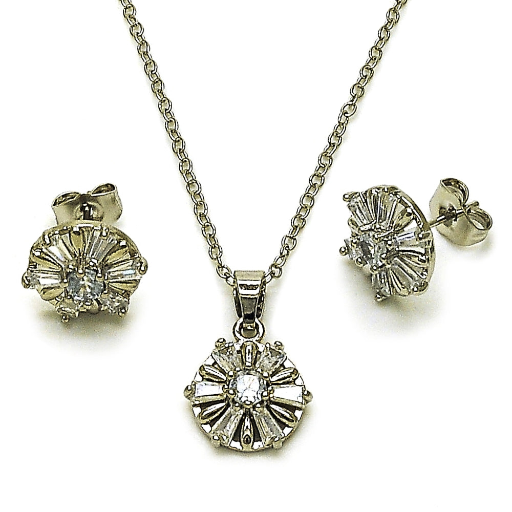 Rhodium Gold Filled Earring and Pendant Adult Set, Flower and Baguette Design, with White Cubic Zirconia, Polished, Rhodium Finish