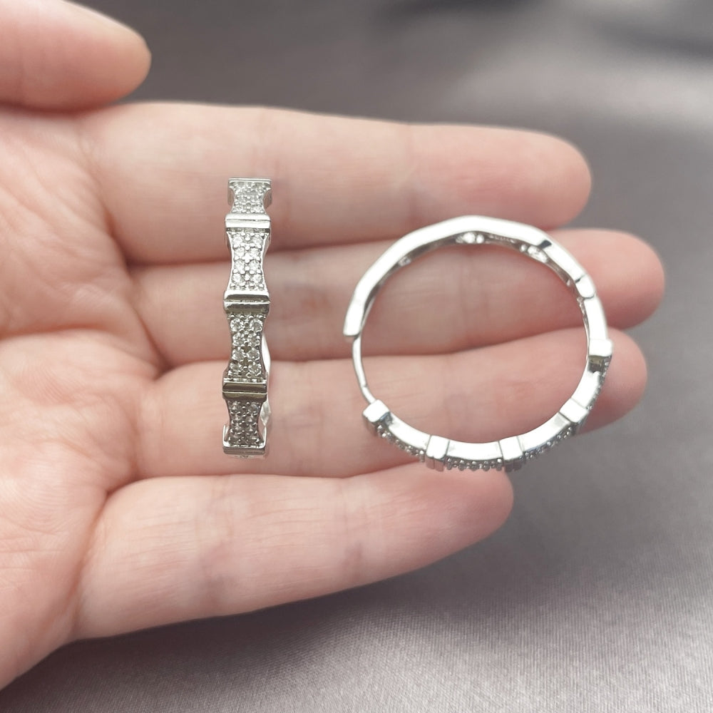 Rhodium Gold Filled Huggie Hoop, with White Micro Pave, Polished, Rhodium Finish