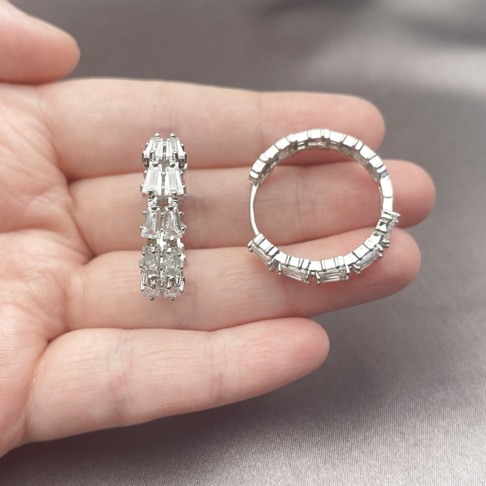 Rhodium Gold Filled Huggie Hoop, Baguette Design, with White Cubic Zirconia, Polished, Rhodium Finish