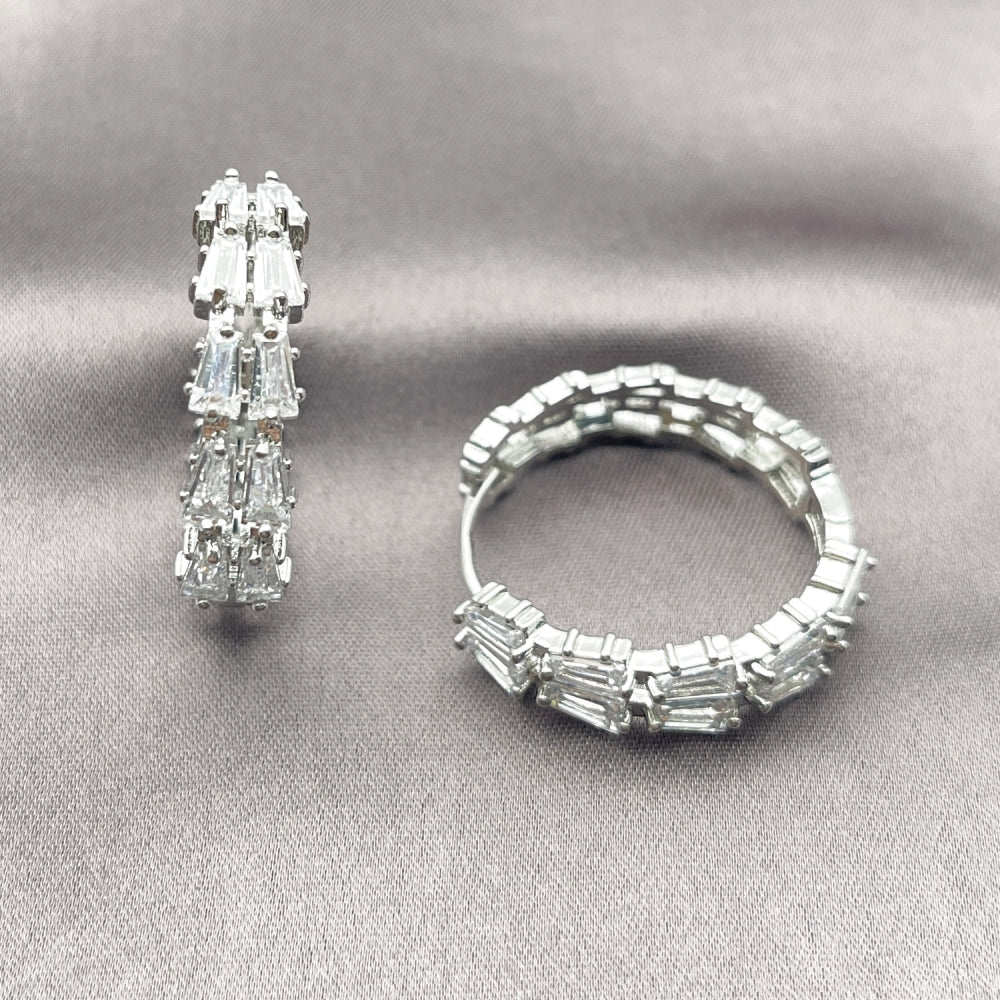 Rhodium Gold Filled Huggie Hoop, Baguette Design, with White Cubic Zirconia, Polished, Rhodium Finish