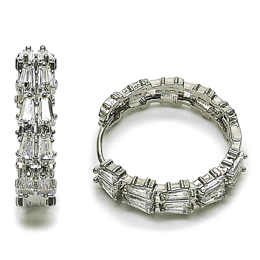 Rhodium Gold Filled Huggie Hoop, Baguette Design, with White Cubic Zirconia, Polished, Rhodium Finish