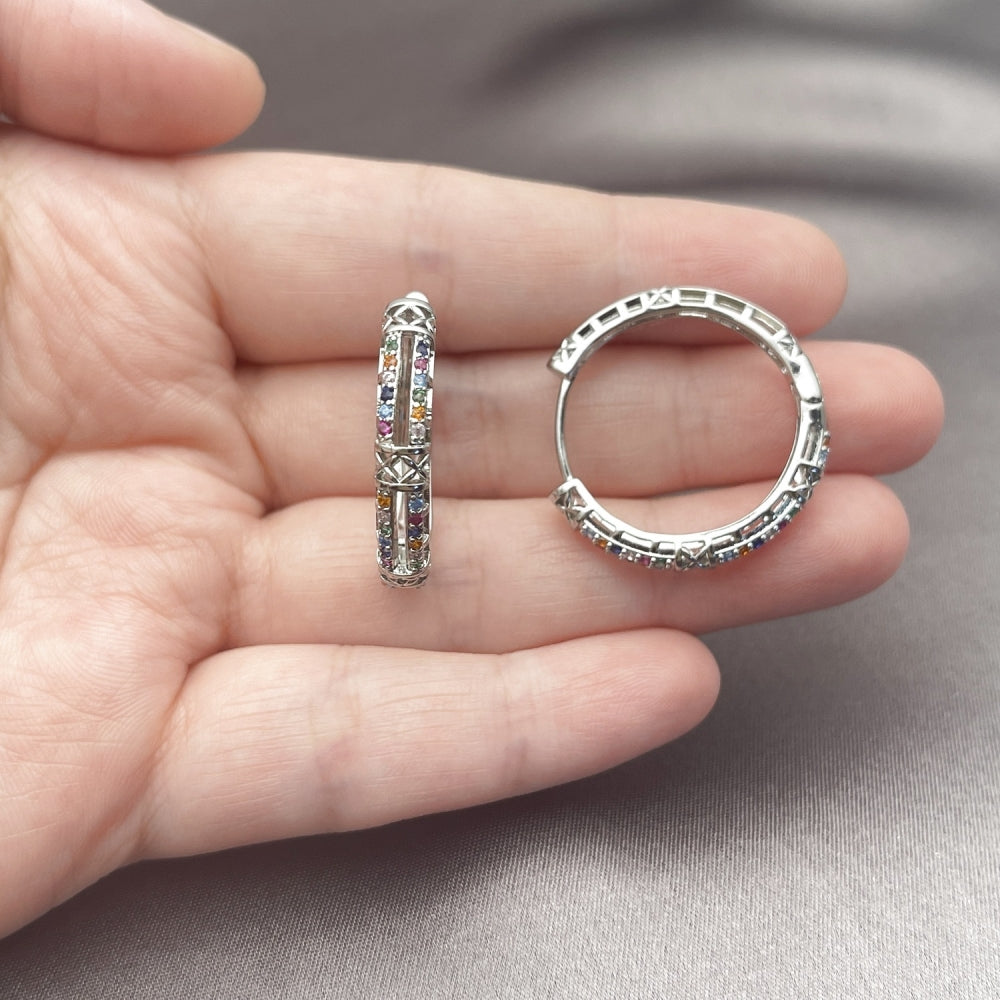 Rhodium Gold Filled Huggie Hoop, with Multicolor Micro Pave, Polished, Rhodium Finish